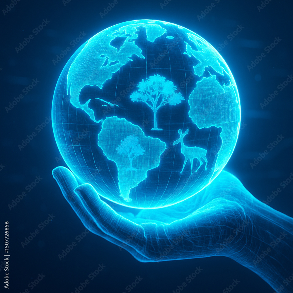 Poster ai generated image of glowing holographic hands holding a digital earth sphere under deep blue light