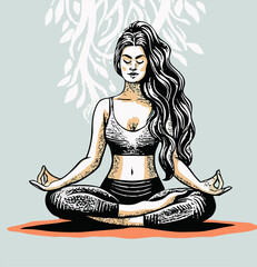 Woman Meditating Yoga Pose Illustration