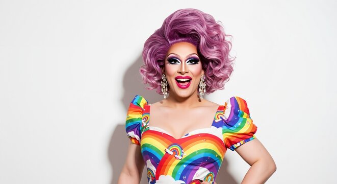 Joyful Drag Queen with Vibrant Makeup in Rainbow Dress and Purple Wig Smiling Happily on White Background