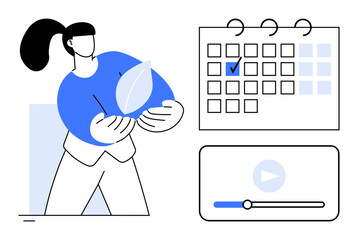 Person holding leaf emphasizing sustainability with a marked calendar and multimedia interface. Ideal for environmental awareness, productivity, planning, eco-friendly projects, education