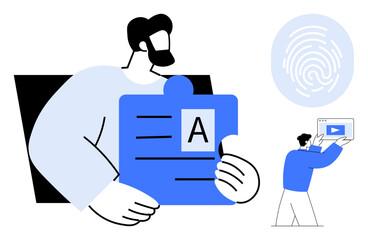 Man holding large puzzle piece featuring text, fingerprint symbol, small figure with screen. Ideal for identity verification, teamwork, education, content creation, authentication, user interface