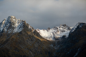 Snow-capped mountains in Norway, Northern Europe, in late autumn