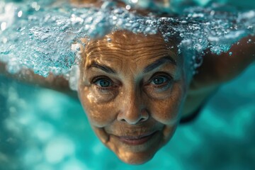 Fototapeta premium Older woman enjoys swimming underwater in a bright pool during a sunny day, showcasing confidence and joy in a refreshing environment