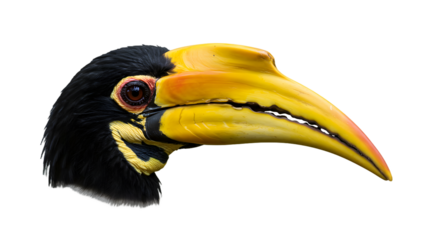 Close-up portrait of a great hornbill bird, showcasing its distinctive yellow beak and intense eye in striking detail