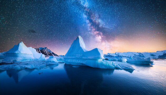stunning icebergs under starry sky in a mystical sci fi landscape