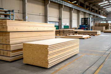 Stacks of wooden boards are neatly arranged inside a spacious industrial warehouse with high ceilings and ample lighting.
