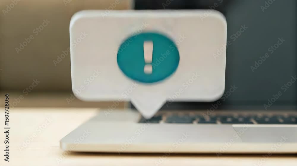 Poster laptop computer with customer support notification alert featuring exclamation mark symbol and speec