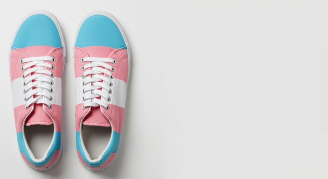 Overhead view of casual sneakers featuring the transgender pride flag colors of blue, pink, and white, isolated on a white background with ample copy space.