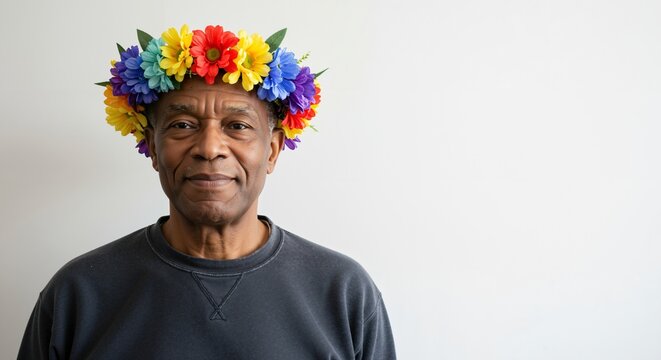 Portrait of a senior Black man wearing a vibrant rainbow flower crown, smiling gently against a plain white background. Celebrating diversity and pride with a colorful floral headdress.