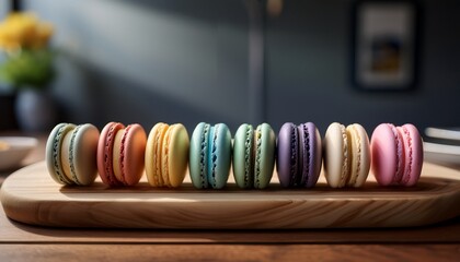 colorful macarons displayed elegantly on a wooden board in a modern setting