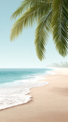 A serene tropical beach with gentle waves, golden sand, and palm leaves hanging above under a clear blue sky.