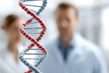 A close-up of a DNA double helix with two scientists blurred in the background in a laboratory setting.
