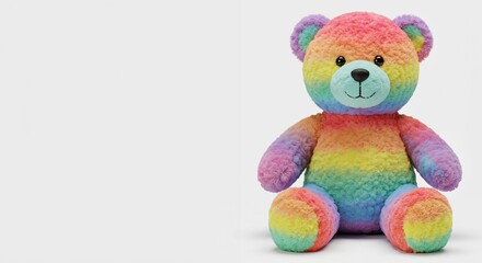 Adorable rainbow teddy bear, a colorful plush toy for children, sitting on a white background. Cute and cuddly stuffed animal, perfect for playtime and comfort.