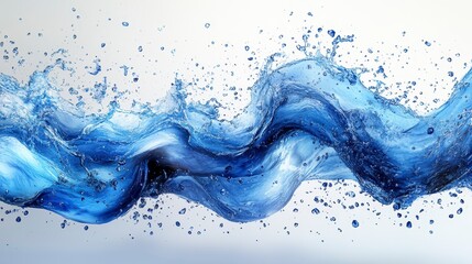 Dynamic swirling blue liquid wave with splashes against a bright backdrop