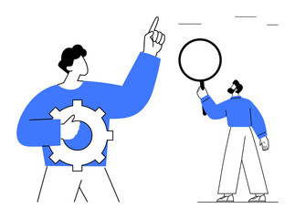 Person holding gear for productivity and pointing upward, another holding magnifying glass symbolizing focus. Ideal for teamwork, innovation, analysis, leadership, productivity, creativity, simple