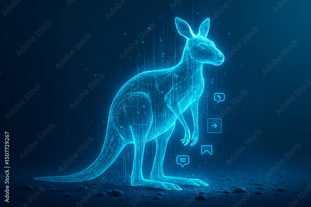 Poster ai generated image of a digital holographic kangaroo glowing in deep blue tones with tech-inspired u