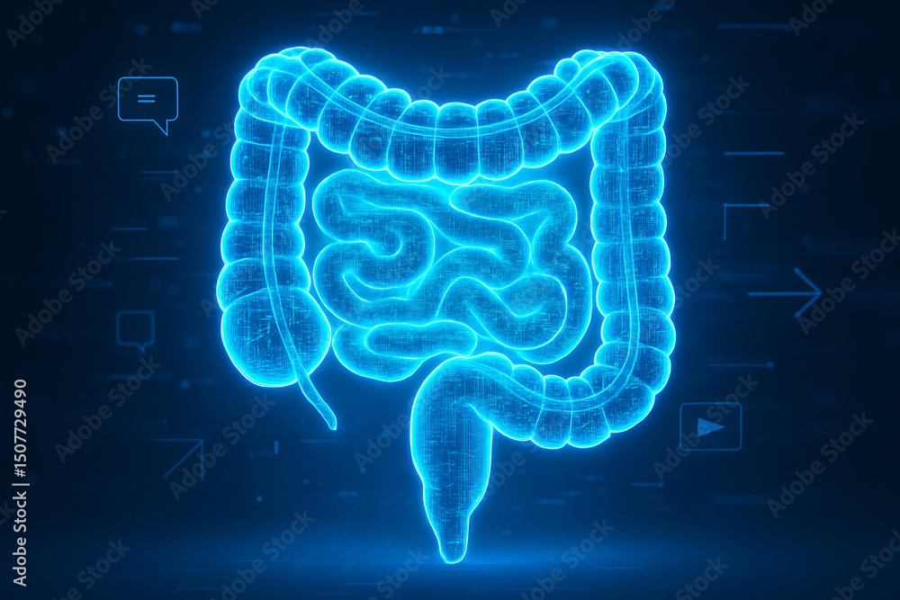Aufkleber ai generated image of large and small intestines in glowing blue holographic form, combining physica