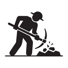 Mining resources with a pickaxe or pick axe flat vector icon for apps and games. Vector black silhouette. with white background