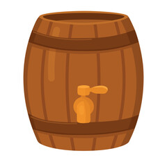 Cartoon wooden beer keg with tap in flat style, ideal for Oktoberfest and pub decorations.