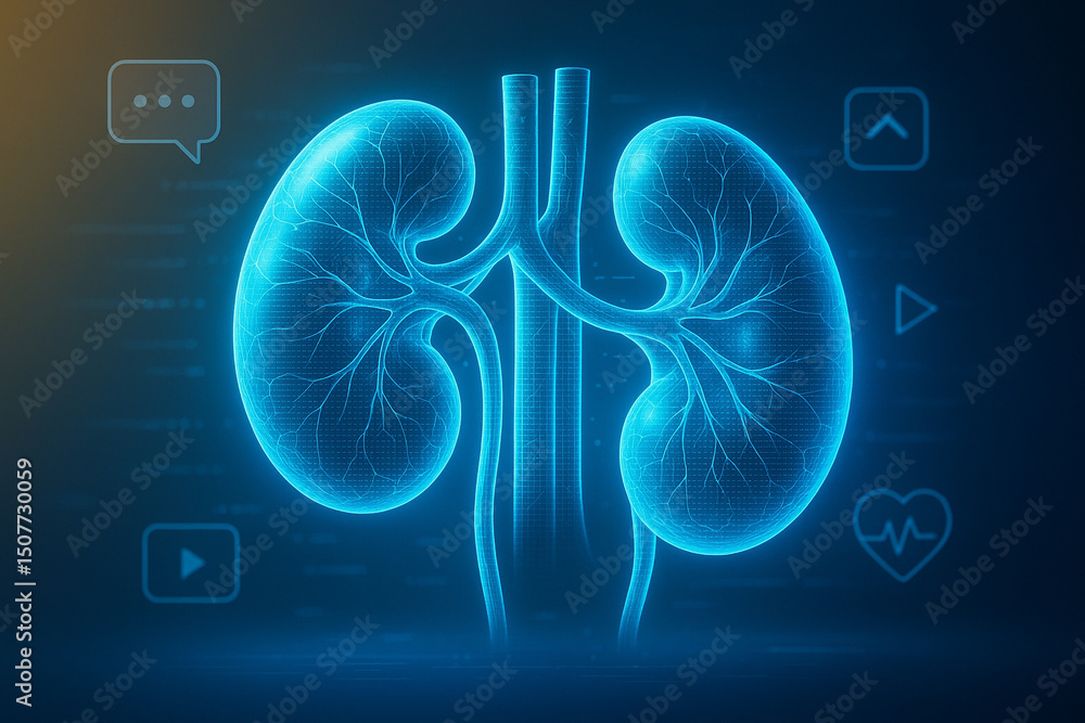 Poster ai generated high resolution image of a glowing blue holographic kidney with digital lines and inter