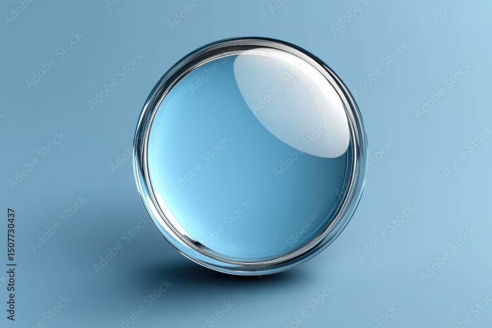 Aufkleber Clear round lens resting on a smooth blue surface reflecting light softly in a minimalistic setting with a clean backdrop