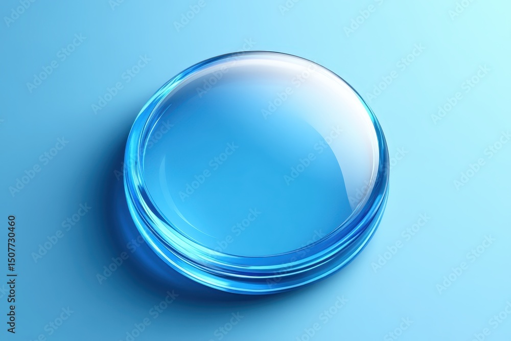 Aufkleber Clear round lens resting on a smooth blue surface reflecting light softly in a minimalistic setting with a clean backdrop
