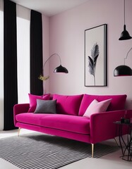 Ein modernes Wohnzimmer mit einem fuchsiafarbenen Sofa als lebendigem Farbakzent