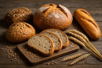 Various loaves of bread and sliced bread on wooden cutting board with wheat ears