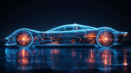 Futuristic neon sports car wireframe with glowing circuits. Ideal for automotive technology and innovation concepts.
