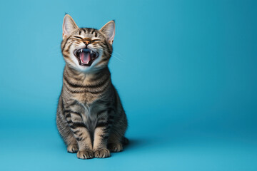 Obraz premium Happy grey tabby cat sitting and smiling with mouth open in full body on blue background