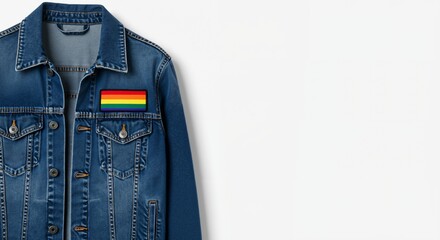 Blue denim jacket with LGBTQ rainbow pride flag patch. Casual fashion statement for equality and support. White background with copy space.