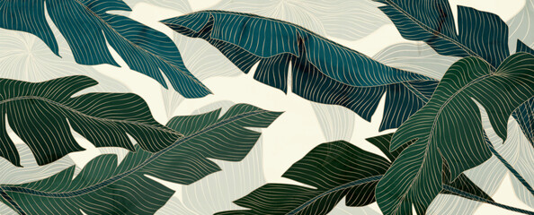 Botanical art background with tropical palm leaves with line elements. Vector plant banner for decor, print, textile, wallpaper, poster, packaging, interior design.