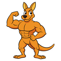 Cartoon muscular kangaroo isolated on white background. Kangaroo bodybuilder shows strong arms, biceps. Side view. Vector illustration