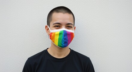 Androgynous young adult with a buzz cut smiling, wearing a vibrant rainbow pride flag face mask and black t-shirt. Portrait expressing LGBTQ+ identity, joy, and diversity against a white wall.