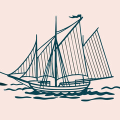 Vintage Sailing Ship Line Art Illustration