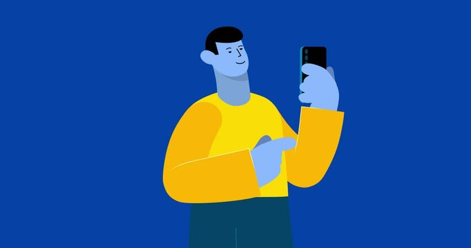 Blue body man top part body working on phone isolated. Cartoon animated businessman character finger scroll gsm phone screen. Business explainer flat design people serie movie video seamless loop.