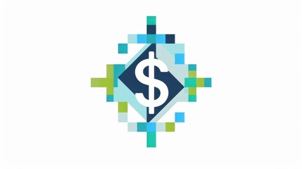 Obraz premium Minimalist flat design logo with a dollar sign centered in blue and green geometric shapes, representing finance, isolated on white.