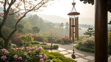 Obraz premium Serene bamboo wind chime in a misty mountain garden