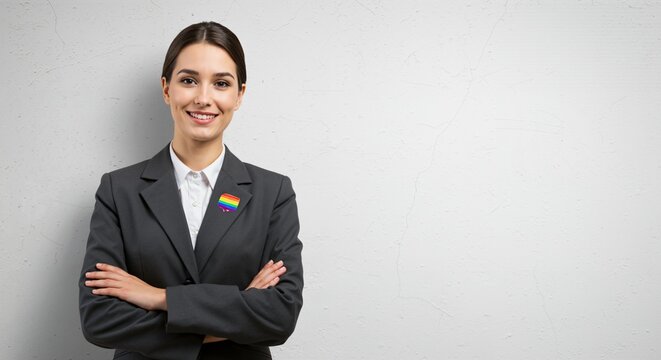 Smiling brunette businesswoman in formal suit with LGBTQ pride flag pin, arms folded, isolated on white background with copy space.