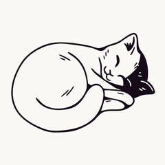 Cute Sleeping Cat Illustration, Black and White Line Art