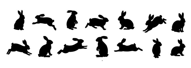 Silhouettes of rabbits in different positions perfect for Easterthemed designs, nature illustrations, childrens books, and wildlifethemed projects.