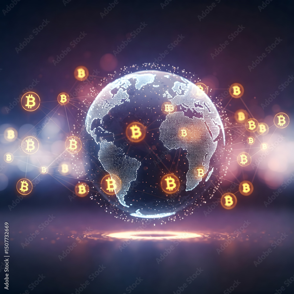 Poster a glowing digital globe surrounded by golden bitcoin symbols, connected by a network of lines agains