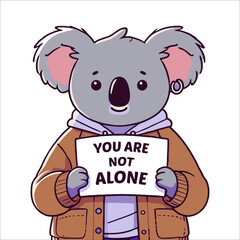 Cartoon Koala Holding You Are Not Alone Sign in A White Background