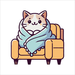 Cute Kitten Wrapped in Blanket Sitting on Armchair Isolated on White Background