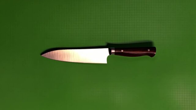 A sharp chef's knife with a wooden handle is laying on a bright green background in a studio shot green screen video