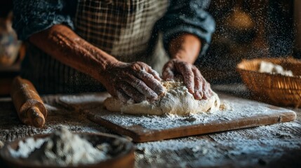 An elderly person's hands kneading dough covered with flour in a rustic kitchen setting.