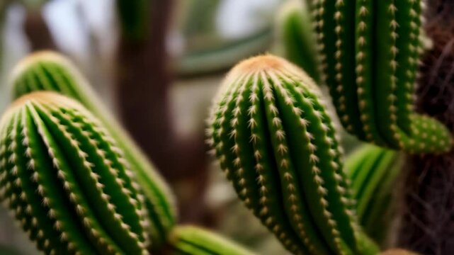 Closeup of green columnar cactus with white spikes and fuzzy areoles in desert plant garden.