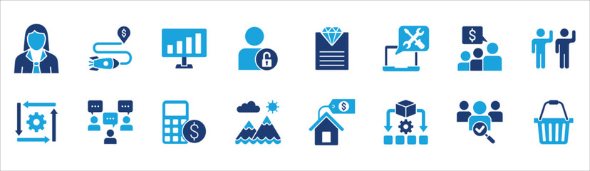 Business and management icon set. Contains symbol of businessman, target, leadership, progress, holiday, data, stock, market, accounting, training, resource, finance, service. Vector illustration