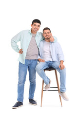 Handsome young brothers on white background