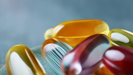 Close-up of vibrant multicolored softgel capsules against a blurred floral backdrop showcases pharmaceutical design and wellness - Powered by Adobe